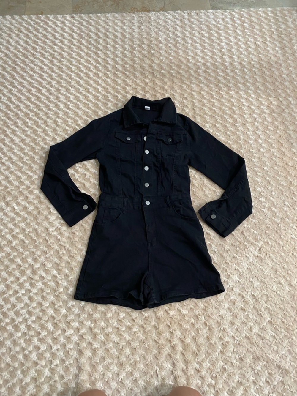 Black denim Women Medium long-sleeve short romper with a collared neckline